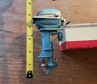 Vintage 1960s Evinrude Big Twin Outboard Motor And Wood Boat Japan Toy