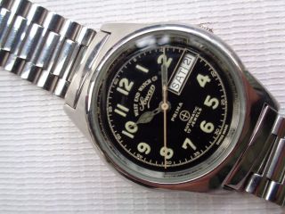 Rare Vtg 34 Mm Ss West End Watch Co Sower Black Dial Mens Automatic Wristwatch