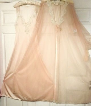 Nwt Barbizon Blush Silky Satin Gown Peignoir Set Nightgown & Sheer Robe M L Exc