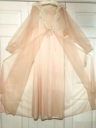 NWT Barbizon Blush Silky Satin Gown Peignoir SET Nightgown & Sheer Robe M L EXC 2