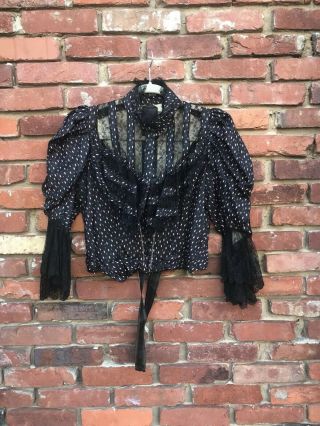 Antique Victorian Edwardian Black Printed Silk Blouse With Lace Fabric
