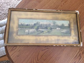 Vintage Watercolor painting,  Sheep,  Frame with wooden nails,  Collectible 7