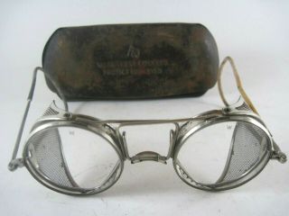 Vintage Wilson Motorcycle Glasses Goggles W/ Metal Case Steam Punk Very Cool