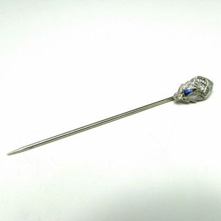 Vintage Art Deco 14K White Gold Diamond & Sapphire Filigree Stick Pin w/ Box 2