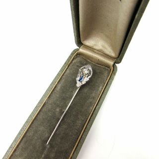 Vintage Art Deco 14K White Gold Diamond & Sapphire Filigree Stick Pin w/ Box 4
