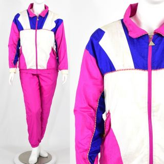 80s Vintage Novelty Windbreaker Suit Track Suit Geometric Womens L 12 14 1980s