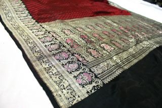 Banarasi Vintage Black Red Brocade Sari Organza Silk Antique Silver Zari Work