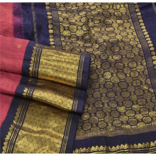 Sanskriti Vintage Pink Heavy Saree Pure Silk Brocade Woven Craft 5Yd Fabric Sari 3