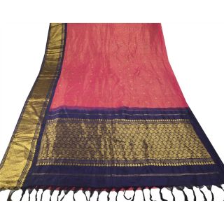 Sanskriti Vintage Pink Heavy Saree Pure Silk Brocade Woven Craft 5Yd Fabric Sari 4