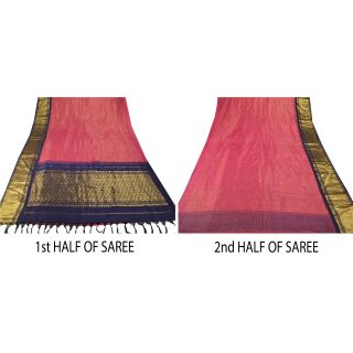 Sanskriti Vintage Pink Heavy Saree Pure Silk Brocade Woven Craft 5Yd Fabric Sari 7