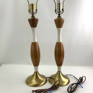 Vintage Mid - Century Modern Wood & Brass Table Lamps 22 "