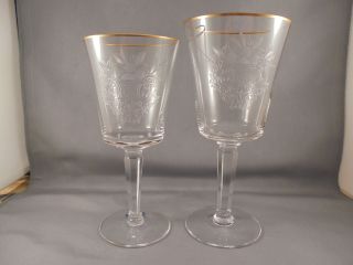 2 Vintage Lenox Autumn Cut Etched Glass Goblets Water & Wine Gold Edge
