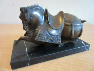 Vintage Fat Chinese Tang War Horse Bronze Statue On Marble Base 8.  75 "