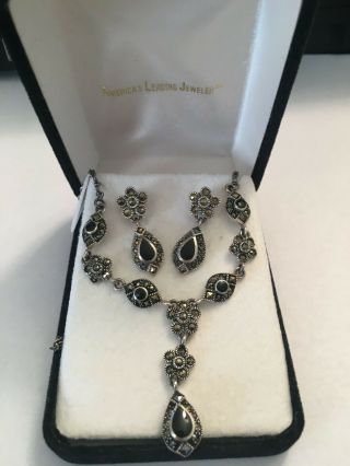 Vintage 925 Sterling Silver Marcasite Y Necklace And Earrings Set