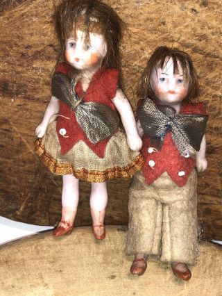 Antique All Bisque Hertwig Dollhouse Doll Old German Miniature 2” Pair