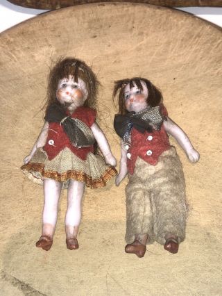 ANTIQUE ALL BISQUE HERTWIG Dollhouse Doll Old GERMAN MINIATURE 2” Pair 3