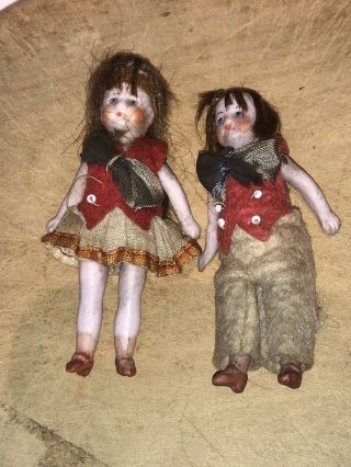ANTIQUE ALL BISQUE HERTWIG Dollhouse Doll Old GERMAN MINIATURE 2” Pair 5