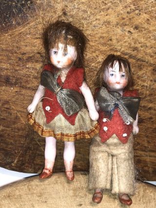 ANTIQUE ALL BISQUE HERTWIG Dollhouse Doll Old GERMAN MINIATURE 2” Pair 7