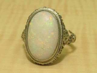 18k White Gold Jewelry Ring Vintage Cutout Design Opal Cabochon Stone Repair