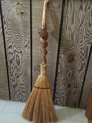 Vintage Hearth Broom W/sorghum Bristles And Twisted Wood 34.  5”