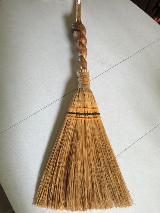 Vintage Hearth Broom W/sorghum Bristles And Twisted Wood 34.  5” 2
