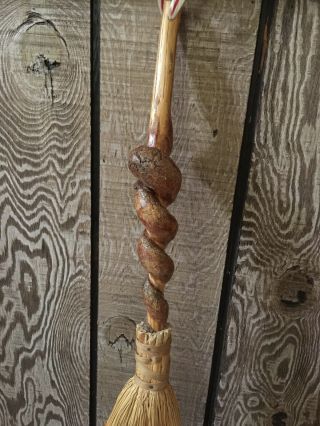 Vintage Hearth Broom W/sorghum Bristles And Twisted Wood 34.  5” 6