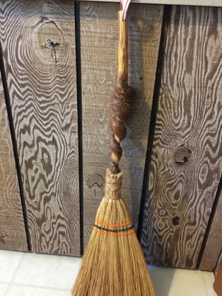 Vintage Hearth Broom W/sorghum Bristles And Twisted Wood 34.  5” 7