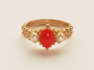 Rare Stunning Fine Antique Vintage Red Coral & Pearl Belle Epoque Gold Ring