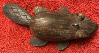Vtg Beaver Ice Fishing Spearing Decoy Paint Lead Weights Glass Eyes