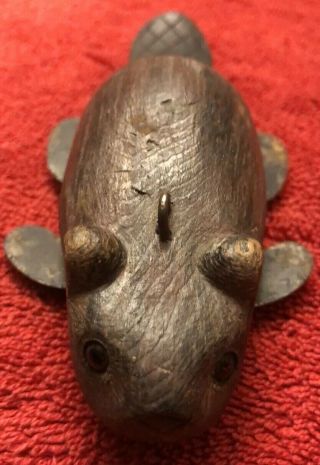 Vtg Beaver Ice Fishing Spearing Decoy Paint Lead Weights Glass Eyes 3