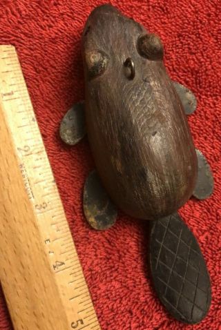 Vtg Beaver Ice Fishing Spearing Decoy Paint Lead Weights Glass Eyes 6