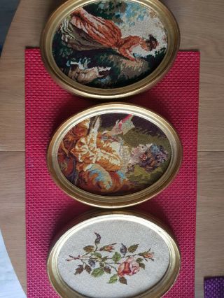Three Vintage Embrodied Needlepoint Framed Victorian Woman And Nature Tapestry.