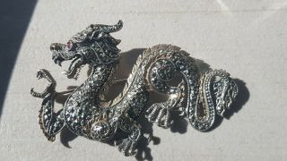 Estate Large Vintage Dragon Sterling Silver Marcasite & Ruby Pin 3 " Brooch