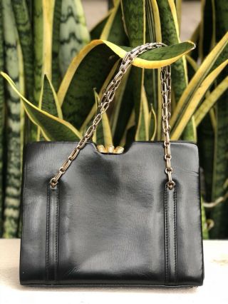 Vintage Saks Fifth Avenue Black Leather Handbag Bag Clutch Purse 50s 60s Gold