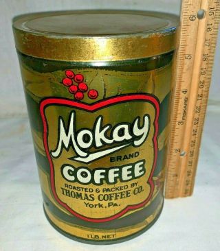 Antique Mokay Coffee Tin Litho 1lb Can Thomas Co York Pa Vintage Country Store