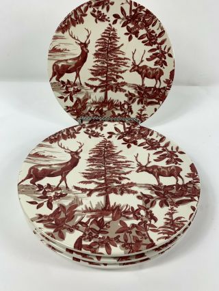 Rare (4) Pottery Barn Alpine Toile Country French Stag Dinner Plates