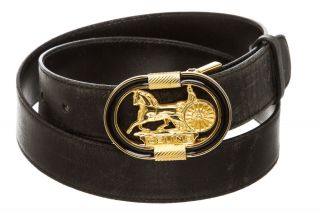 Celine Black Leather Logo Buckle Vintage Belt