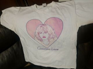 Courtney Love Cartoon Heart Pink Hair Shirt Large Hole Nirvana Grunge White Rare