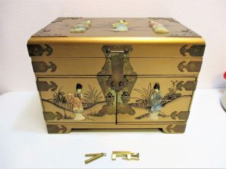Large Vintage Japanese Jewelry Box Chest Brass Shell Hand Painted Gold