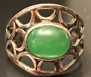 Vintage Jewelry Chinese Sterling Silver 925 Green Jade Jadeite Cabochon Ring S8