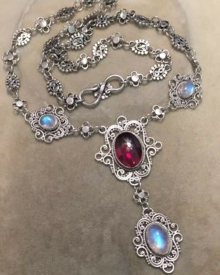 Vintage Jewellery Sterling Silver,  Garnet And Moonstone Pendant Drop Necklace