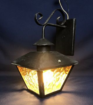 Pair Vintage Black Lantern Porch Light Amber Textured Glass Sconce Wall Mount