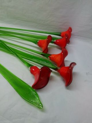 9 Pc Vintage Hand Blown Art Glass Long Stem Flowers And Leaves 19 "