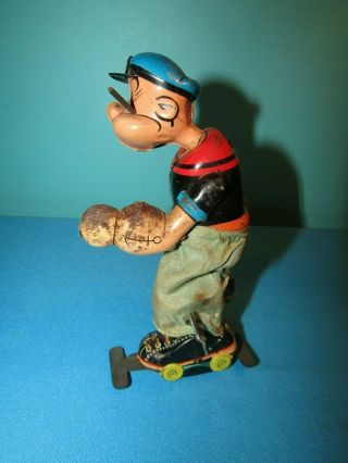 Vintage 50s Linemar Popeye Roller Skater Wind Up Tin Toy Japan Marx Repair
