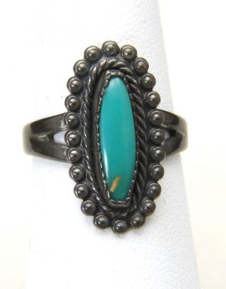 Vintage Navajo Old Pawn Sterling Silver & Turquoise Ring Oblong Dainty Sz 6
