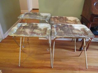 Set Of 4 Vintage Mcm Metal Tv Trays Tables With Rolling Rack Countryside