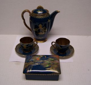 Vintage Carlton Ware Tea Pot 2 Cups & Saucers & Tea Box Blue Oriental Willow Nic