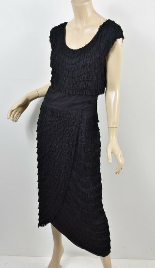 Vintage 40s Pattullo Jo Copeland Black Fringe Flapper Faux Wrap Midi Dress S 4