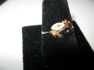 Vintage 14k Yellow Gold Blue & White Flower Enamel Ring,  Sz.  6.  75