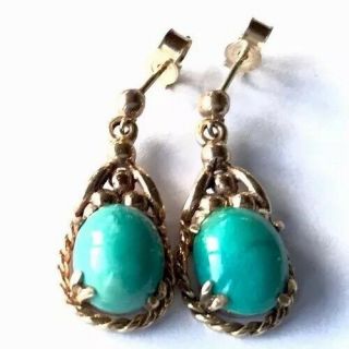 Antique Vintage 9ct Rose Gold Turquoise Cabochon Stone Drop Post Earrings Boxed